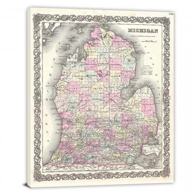 Colton Map of Michigan, 1855 - Canvas Wrap