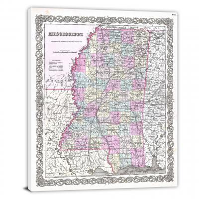 Colton Map of Mississippi, 1855 - Canvas Wrap
