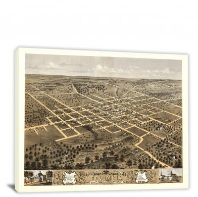 Birds-eye View of the City of Columbia Missouri, 1869 - Canvas Wrap