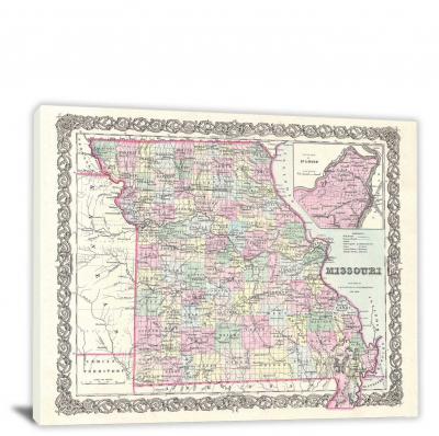 Colton Map of Missouri, 1855 - Canvas Wrap