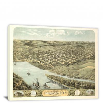 Birds-eye View of the City of Nebraska City, 1868 - Canvas Wrap