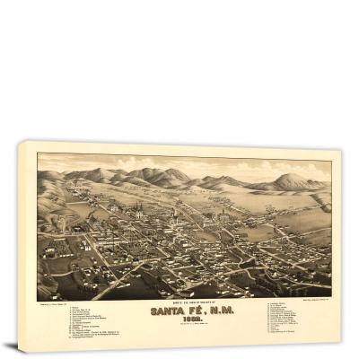 Birds-eye View of the city of Santa Fe, New Mexico, 1882 - Canvas Wrap