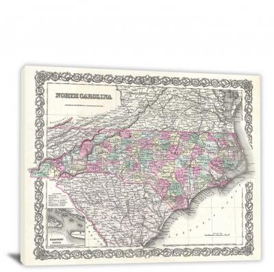 Colton Map of North Carolina, 1855 - Canvas Wrap
