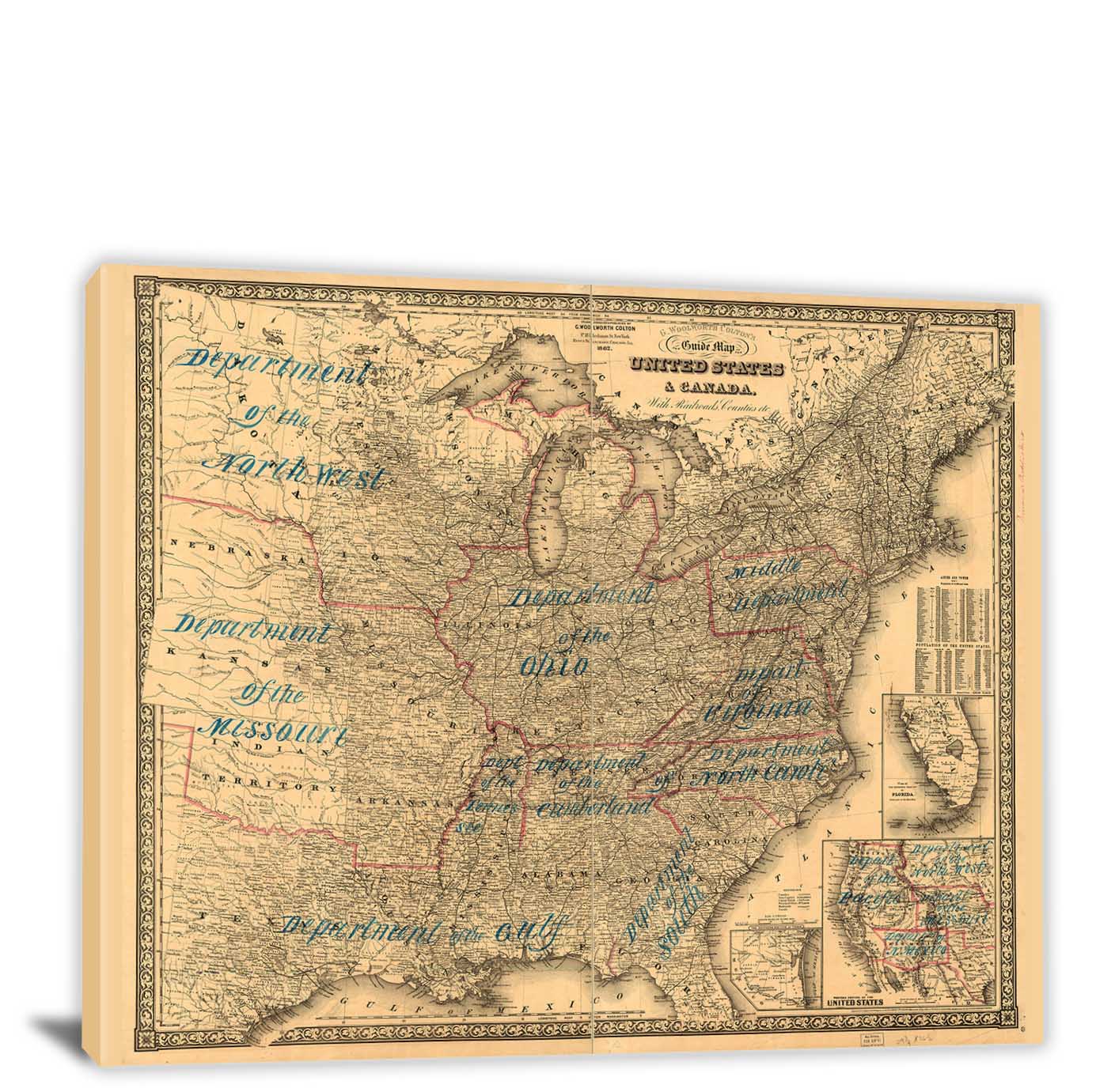 Coltons New Guide Map With Railroads 1862 Canvas Wrap 6919