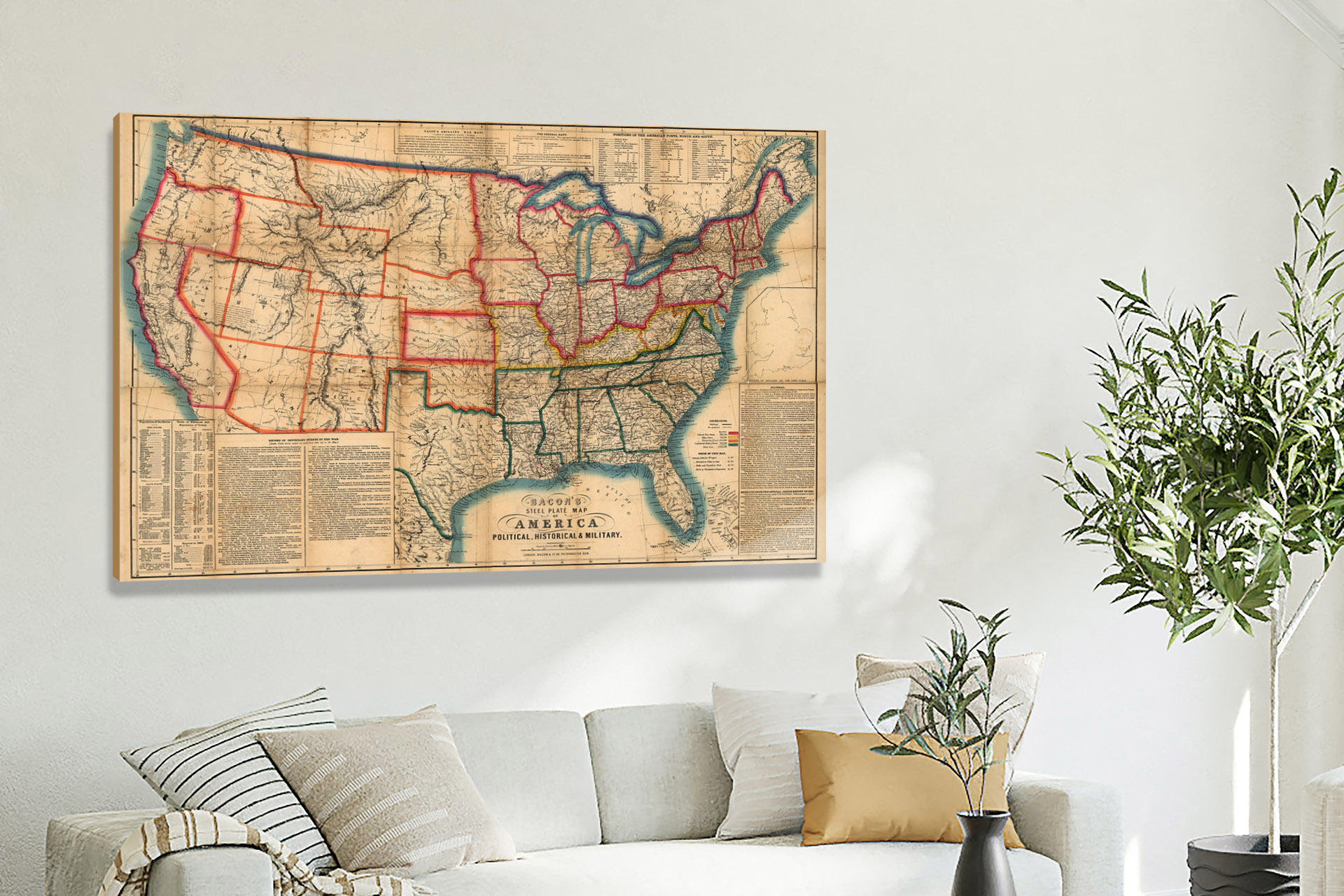 Bacons Steel Plate Map of America, 1863 - Canvas Wrap