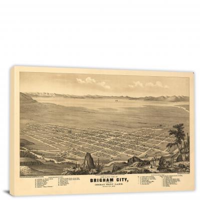 Birds-eye View of Brigham City and Great Salt Lake Utah, 1875 - Canvas Wrap