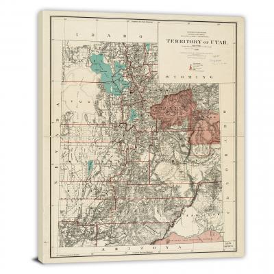 Vintage Map of Territory of Utah, 1889 - Canvas Wrap