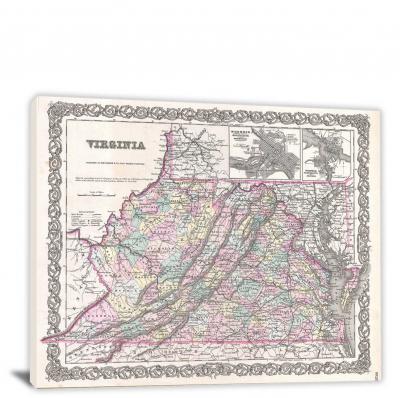 Colton Map of Virginia, 1855 - Canvas Wrap