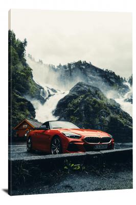 BMW car in front of Waterfall, 2021 - Canvas Wrap