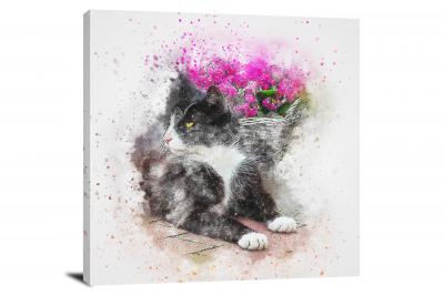 Cat in Pink Flowers, 2018 - Canvas Wrap